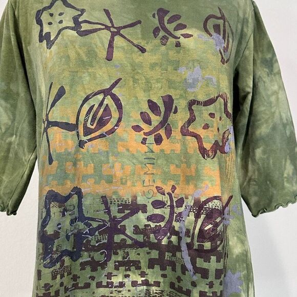 90s Blue Fish Hand Printed Organic Cotton Top Sz 0 / M Lagenlook Boho Artwear - Picture 5 of 10